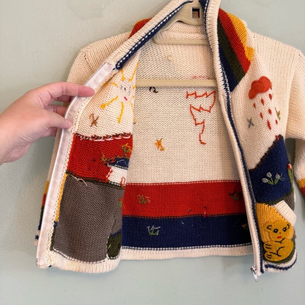 Sweater Kids Multicolor‎ Hand Knitted Wool 3D Hooded Long Sleeve Full Zip - Picture 7 of 9